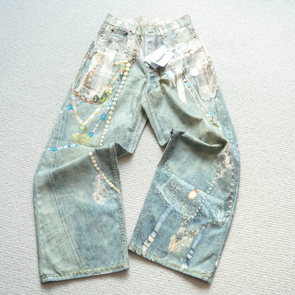 Acne Studios Lace and Pearl Chain Print Wide-Leg Denim Trousers - Picture 2 of 9